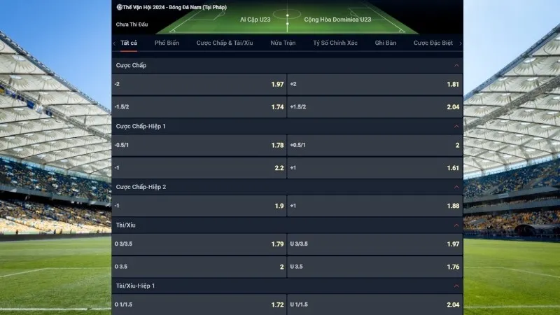 Bảng tỷ lệ kèo U23 Ai Cập vs CH Dominican 22h00 ngày 24/7